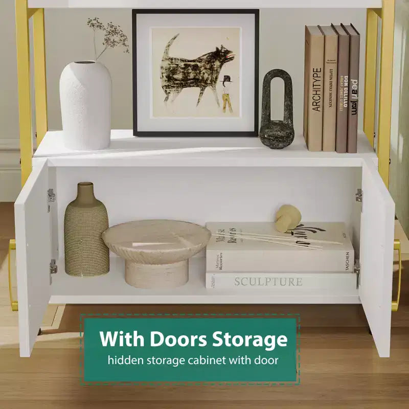 Libreria ad arco a 4 livelli con ante e vano portaoggetti, libreria industriale alta 181 cm con struttura in metallo, libreria curva aperta, espositore