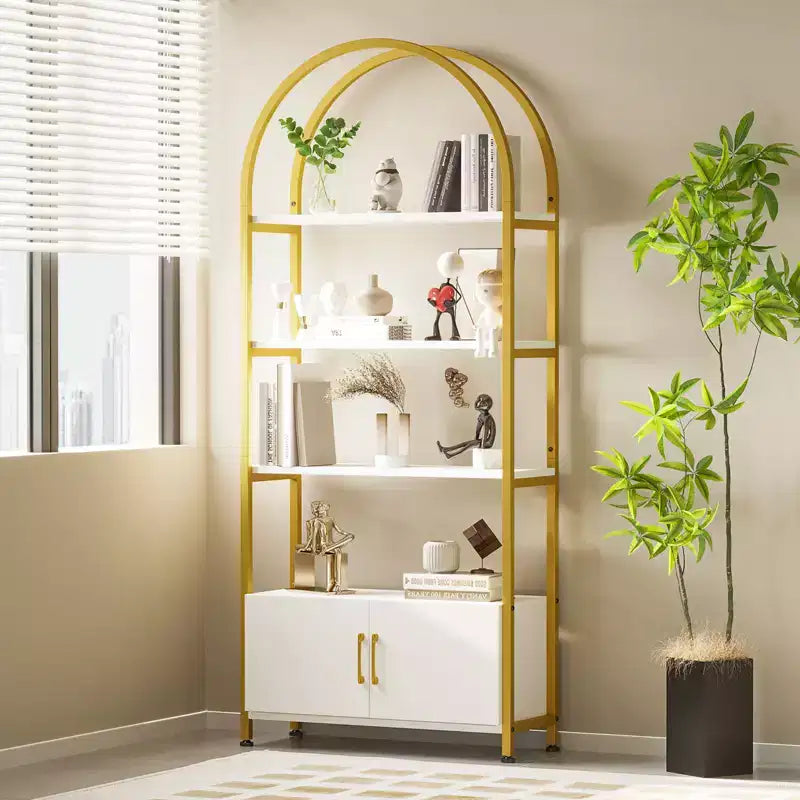 Libreria ad arco a 4 livelli con ante e vano portaoggetti, libreria industriale alta 181 cm con struttura in metallo, libreria curva aperta, espositore