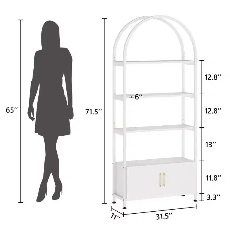 Libreria ad arco a 4 livelli con ante e vano portaoggetti, libreria industriale alta 181 cm con struttura in metallo, libreria curva aperta, espositore