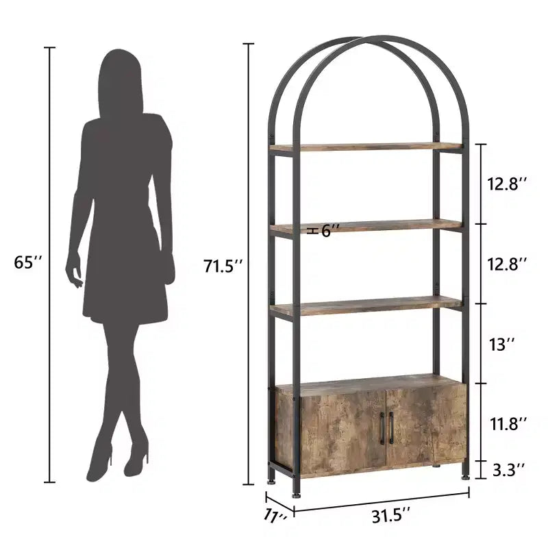 Libreria ad arco a 4 livelli con ante e vano portaoggetti, libreria industriale alta 181 cm con struttura in metallo, libreria curva aperta, espositore