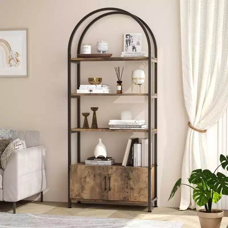 Libreria ad arco a 4 livelli con ante e vano portaoggetti, libreria industriale alta 181 cm con struttura in metallo, libreria curva aperta, espositore