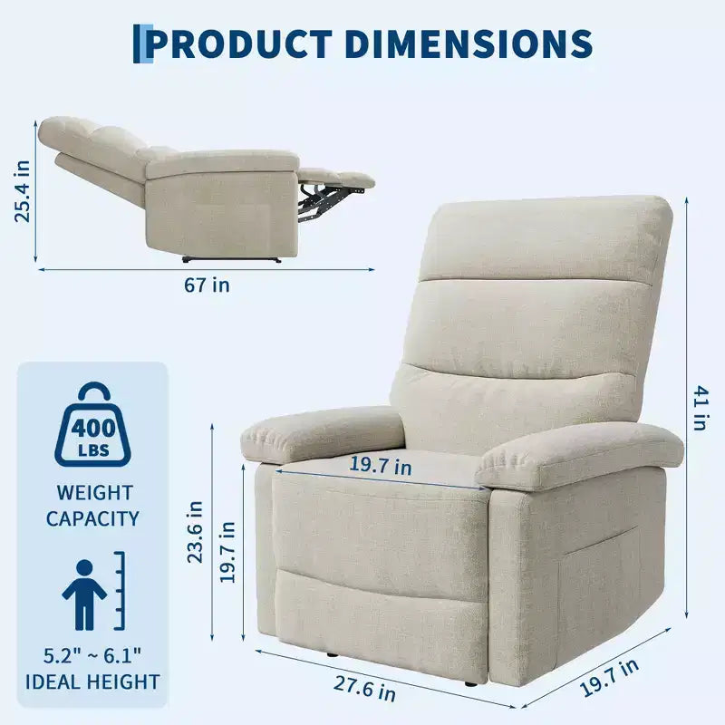 COZONY Poltrona reclinabile per adulti, reclinabile manuale in tessuto con tasca laterale, divano singolo ergonomico regolabile per piccoli soggiorni, camerette, camere da letto