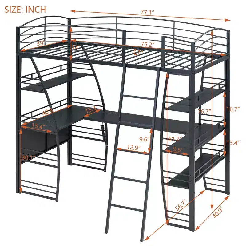 Bellemave Letto a soppalco singolo con scrivania e libreria con struttura in metallo, letto a soppalco con scrivania e contenitore, nero
