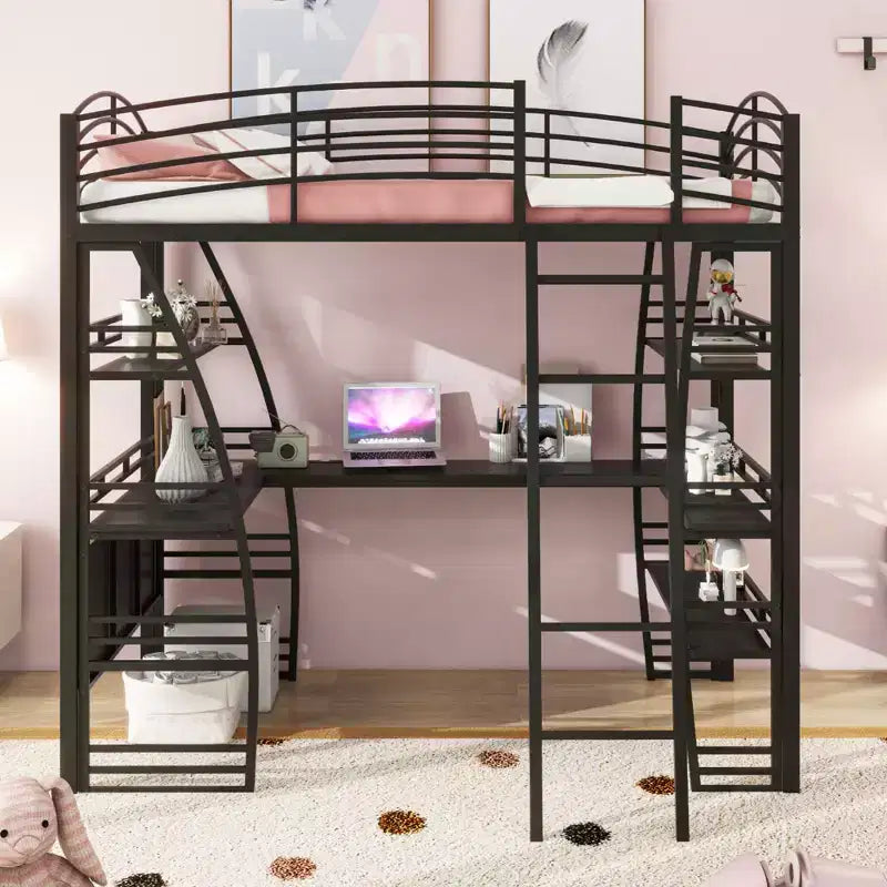 Bellemave Letto a soppalco singolo con scrivania e libreria con struttura in metallo, letto a soppalco con scrivania e contenitore, nero