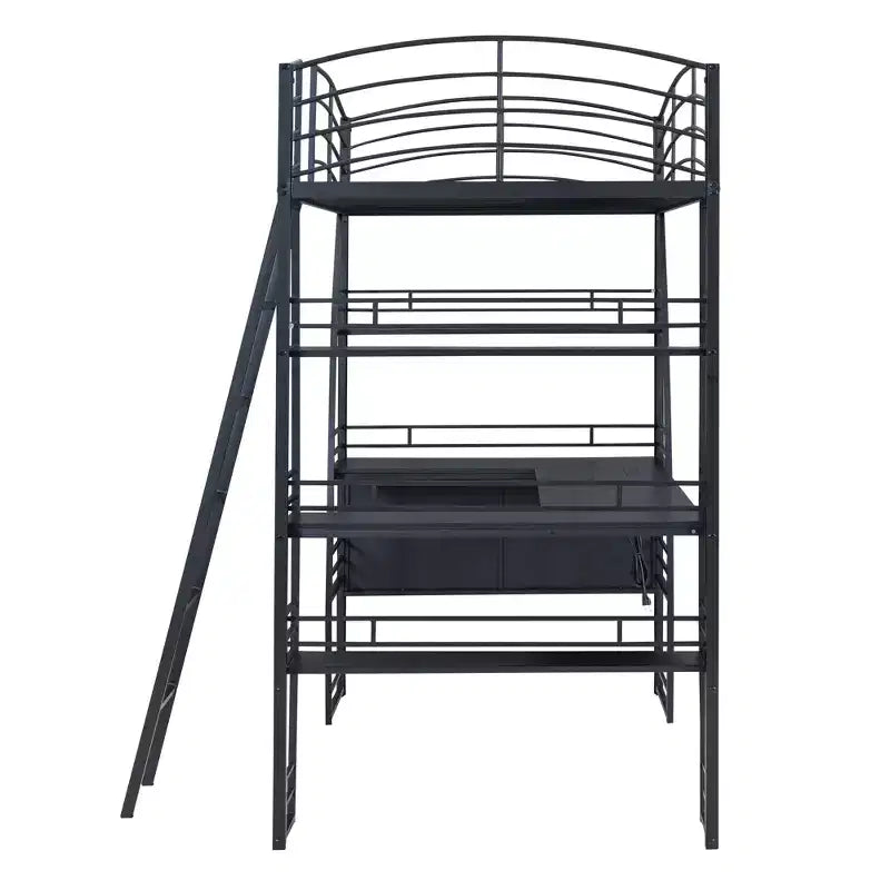 Bellemave Letto a soppalco singolo con scrivania e libreria con struttura in metallo, letto a soppalco con scrivania e contenitore, nero