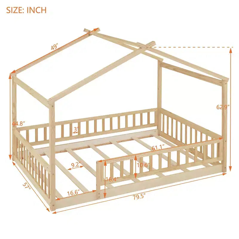 Bellemave Letto a pavimento Montessori completo, Struttura letto a casetta in legno, Letto a casetta per bambini, Letto Montessori con recinzione, Casetta per bambini, Naturale