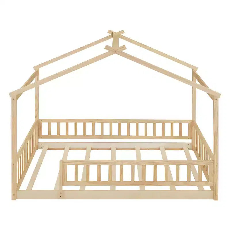 Bellemave Letto a pavimento Montessori completo, Struttura letto a casetta in legno, Letto a casetta per bambini, Letto Montessori con recinzione, Casetta per bambini, Naturale