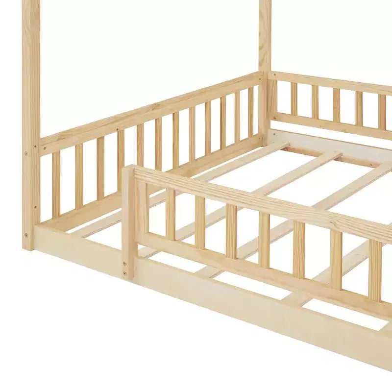 Bellemave Letto a pavimento Montessori completo, Struttura letto a casetta in legno, Letto a casetta per bambini, Letto Montessori con recinzione, Casetta per bambini, Naturale