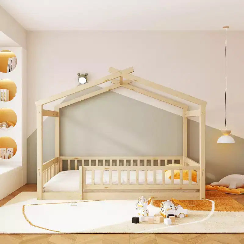 Bellemave Letto a pavimento Montessori completo, Struttura letto a casetta in legno, Letto a casetta per bambini, Letto Montessori con recinzione, Casetta per bambini, Naturale