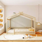 Bellemave Letto a pavimento Montessori completo, Struttura letto a casetta in legno, Letto a casetta per bambini, Letto Montessori con recinzione, Casetta per bambini, Naturale