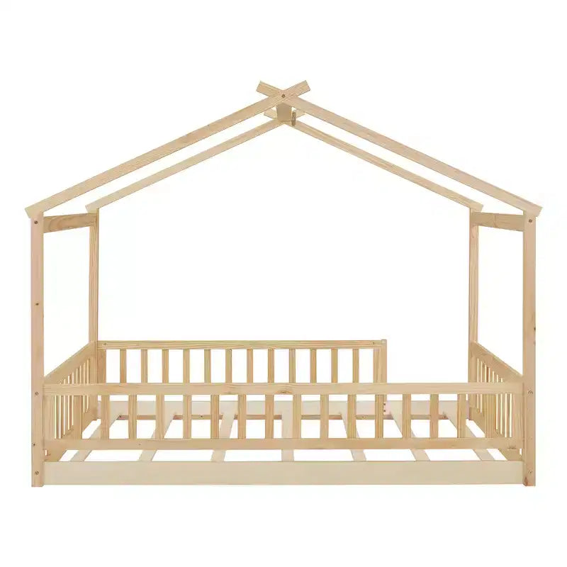 Bellemave Letto a pavimento Montessori completo, Struttura letto a casetta in legno, Letto a casetta per bambini, Letto Montessori con recinzione, Casetta per bambini, Naturale