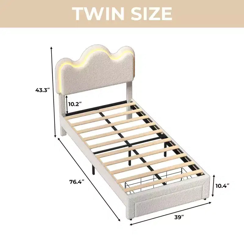 Struttura letto imbottita con piattaforma per bambini/ragazze con testiera a fiori e illuminazione integrata, letto in tessuto bouclé con cassetti portaoggetti, rosa/bianco