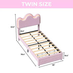 Struttura letto imbottita con piattaforma per bambini/ragazze con testiera a fiori e illuminazione integrata, letto in tessuto bouclé con cassetti portaoggetti, rosa/bianco