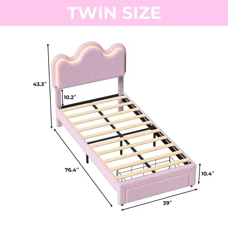 Struttura letto imbottita con piattaforma per bambini/ragazze con testiera a fiori e illuminazione integrata, letto in tessuto bouclé con cassetti portaoggetti, rosa/bianco