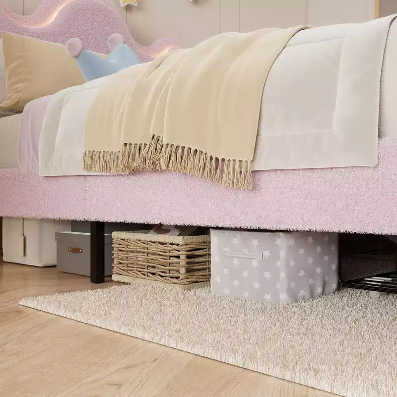 Struttura letto imbottita con piattaforma per bambini/ragazze con testiera a fiori e illuminazione integrata, letto in tessuto bouclé con cassetti portaoggetti, rosa/bianco
