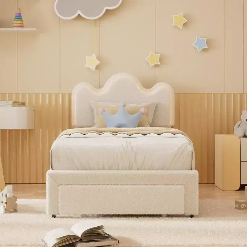 Struttura letto imbottita con piattaforma per bambini/ragazze con testiera a fiori e illuminazione integrata, letto in tessuto bouclé con cassetti portaoggetti, rosa/bianco