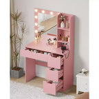 Comò Trucco con Specchio e Luci, Grande Toeletta da 35W con 4 Cassetti e Vani Aperti, Moderno Tavolo da Trucco per Camera da Letto