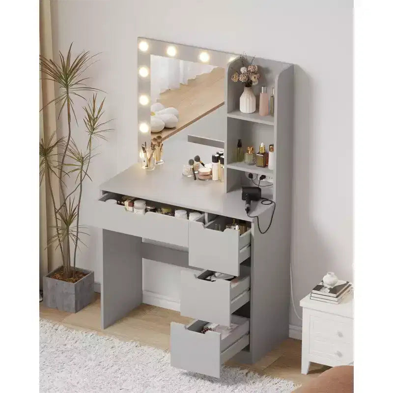 Comò Trucco con Specchio e Luci, Grande Toeletta da 35W con 4 Cassetti e Vani Aperti, Moderno Tavolo da Trucco per Camera da Letto