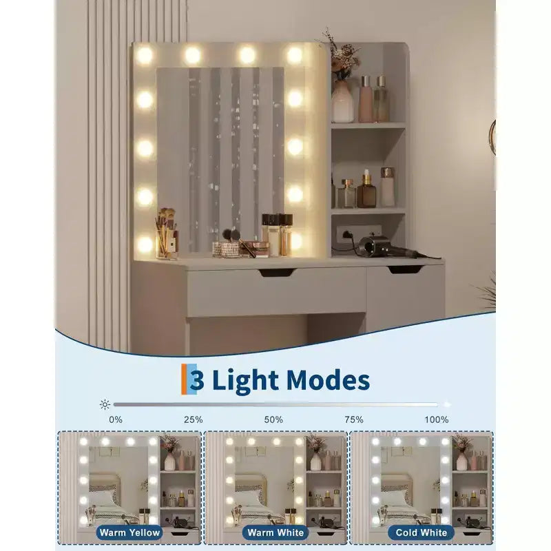 Comò Trucco con Specchio e Luci, Grande Toeletta da 35W con 4 Cassetti e Vani Aperti, Moderno Tavolo da Trucco per Camera da Letto