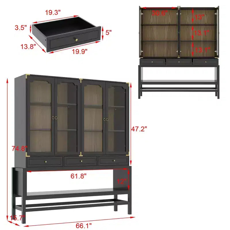 Credenza da cucina Famapy con ante in vetro, ripiani regolabili e dettagli dorati: perfetta per esporre stoviglie, vasellame e decorazioni per la cucina