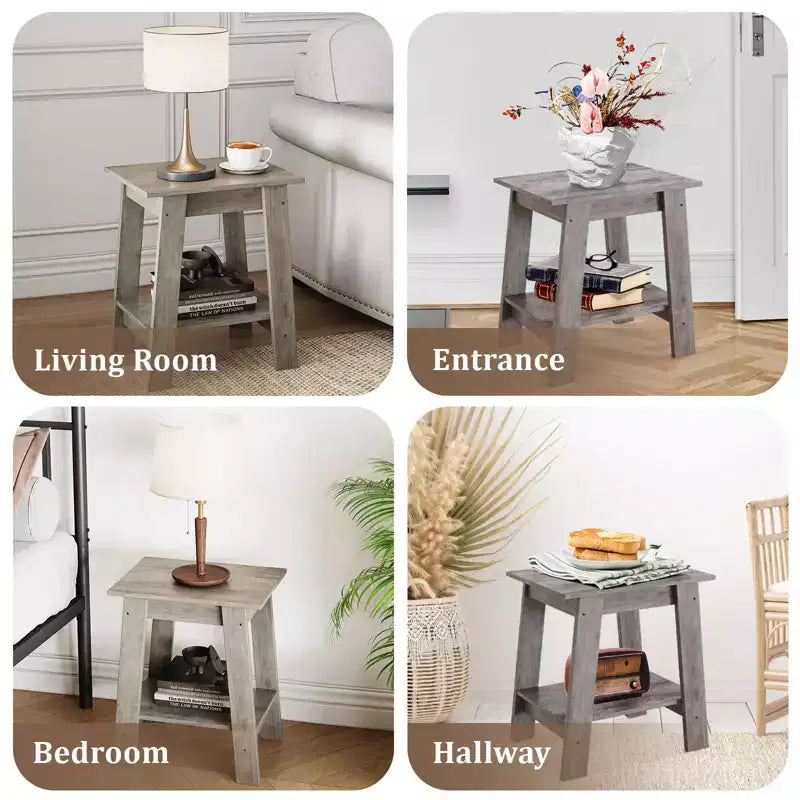 Tavolino a 2 livelli con ripiano, tavolino laterale per soggiorno, camera da letto o ingresso, comodino in stile rustico con montaggio facile