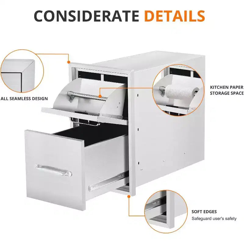 COZONY Cassetti per Cucina da Esterno con Porta Rotolo di Carta, Contenitore per Barbecue in Acciaio Inossidabile, Cassetti di Accesso per Stazione Multi-Grill