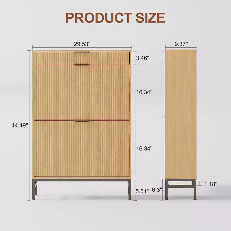 Moderno mobile portascarpe scanalato 2 cassetti a ribalta + cassetto scorrevole con gancio, organizzatore sottile in legno per appartamento/ingresso (1 pezzo)