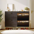 Moderno mobile portascarpe scanalato 2 cassetti a ribalta + cassetto scorrevole con gancio, organizzatore sottile in legno per appartamento/ingresso (1 pezzo)