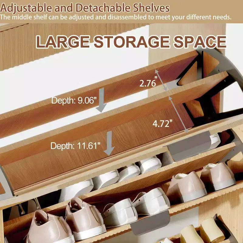 Moderno mobile portascarpe scanalato 2 cassetti a ribalta + cassetto scorrevole con gancio, organizzatore sottile in legno per appartamento/ingresso (1 pezzo)