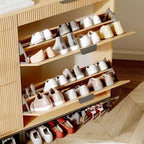 Moderno mobile portascarpe scanalato 2 cassetti a ribalta + cassetto scorrevole con gancio, organizzatore sottile in legno per appartamento/ingresso (1 pezzo)
