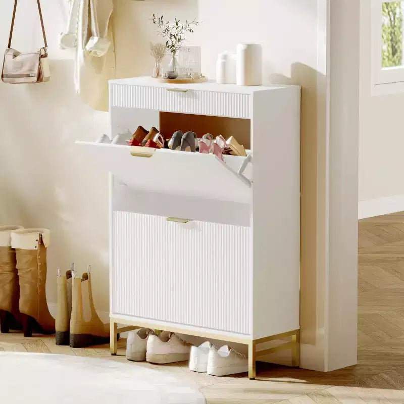 Moderno mobile portascarpe scanalato 2 cassetti a ribalta + cassetto scorrevole con gancio, organizzatore sottile in legno per appartamento/ingresso (1 pezzo)