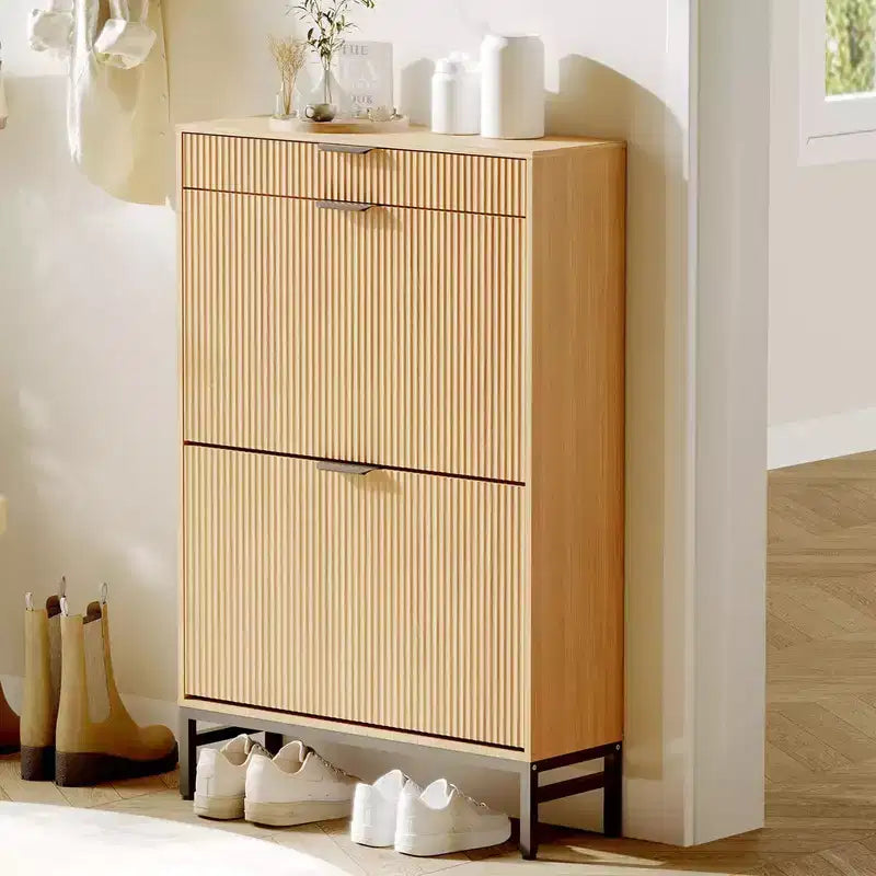 Moderno mobile portascarpe scanalato 2 cassetti a ribalta + cassetto scorrevole con gancio, organizzatore sottile in legno per appartamento/ingresso (1 pezzo)