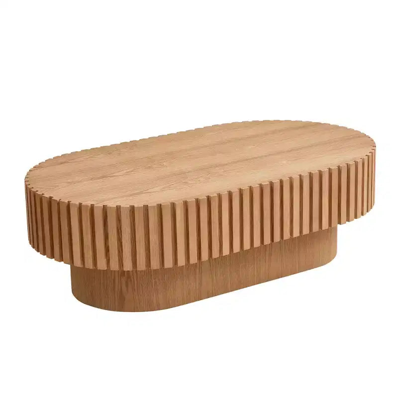 Homy Casa Tavolino da caffè moderno ovale in legno con design scanalato testurizzato per soggiorno e piccoli spazi, riunioni festive, Rovere naturale