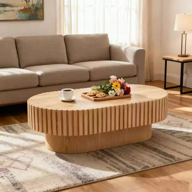 Homy Casa Tavolino da caffè moderno ovale in legno con design scanalato testurizzato per soggiorno e piccoli spazi, riunioni festive, Rovere naturale