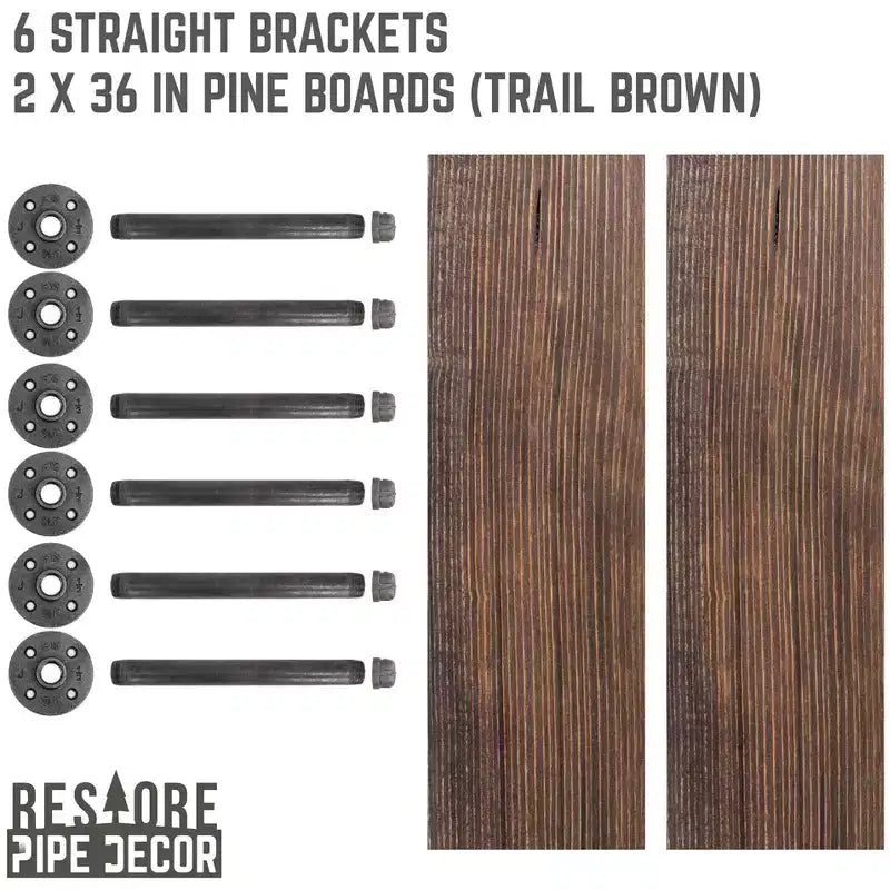 Scaffali RESTORE Trail Brown da 36 pollici con staffe diritte di Pipe Decor