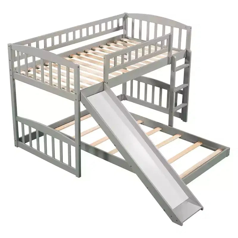Letto a castello a pavimento con scivolo e scale, letto a castello basso singolo su singolo con contenitore, letto a castello in legno singolo per bambini e neonati