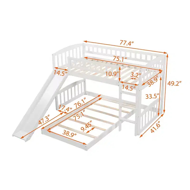 Letto a castello a pavimento con scivolo e scale, letto a castello basso singolo su singolo con contenitore, letto a castello in legno singolo per bambini e neonati