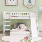 Letto a castello a pavimento con scivolo e scale, letto a castello basso singolo su singolo con contenitore, letto a castello in legno singolo per bambini e neonati