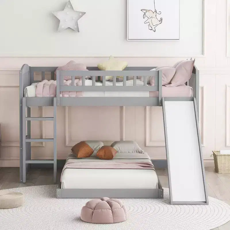 Letto a castello a pavimento con scivolo e scale, letto a castello basso singolo su singolo con contenitore, letto a castello in legno singolo per bambini e neonati