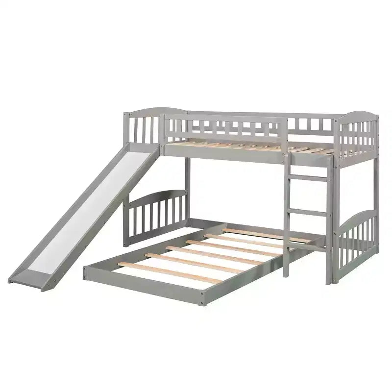 Letto a castello a pavimento con scivolo e scale, letto a castello basso singolo su singolo con contenitore, letto a castello in legno singolo per bambini e neonati