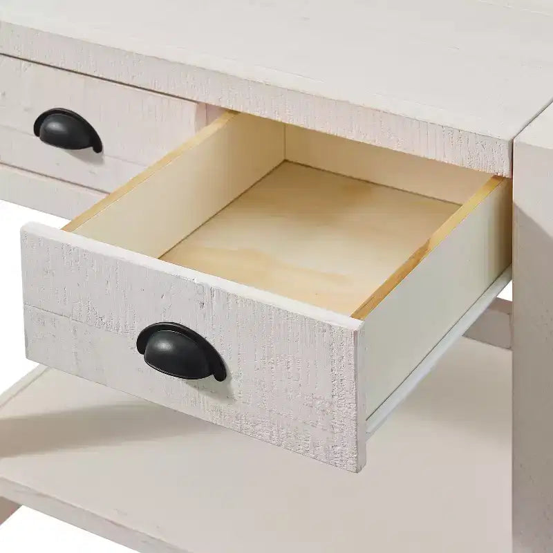 Comodino Alaterre Furniture Arden a 2 cassetti con ripiano aperto, legno massello di pino, finitura bianco effetto legno invecchiato, guide per cassetti in metallo, ideale per la camera da letto