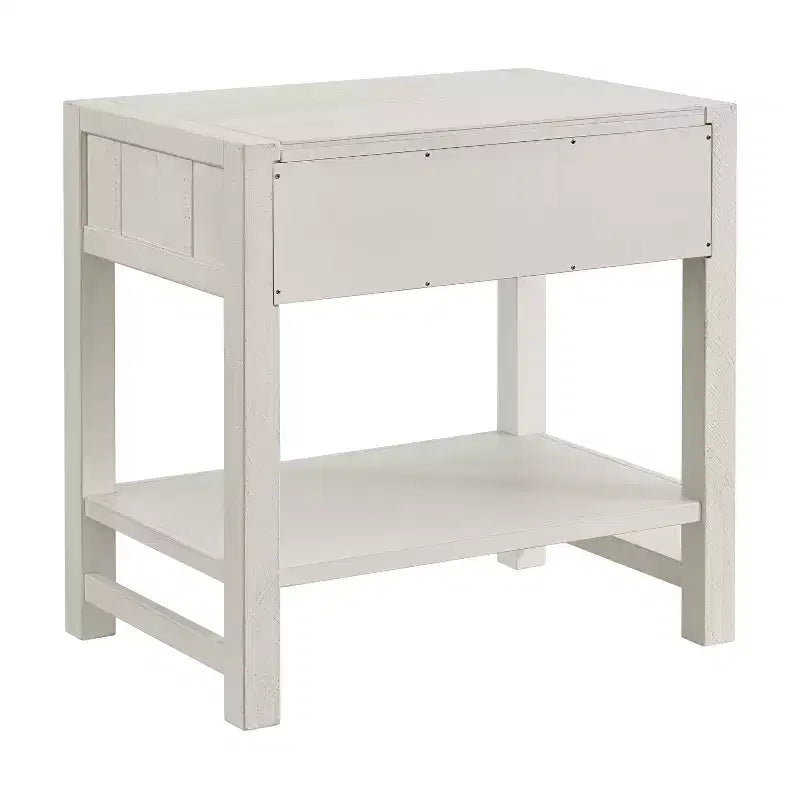 Comodino Alaterre Furniture Arden a 2 cassetti con ripiano aperto, legno massello di pino, finitura bianco effetto legno invecchiato, guide per cassetti in metallo, ideale per la camera da letto