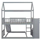 Letto a castello a casetta "Twin over Full" con scivolo e scalini per bambini e ragazzi, struttura in legno con ringhiera di protezione e contenitore