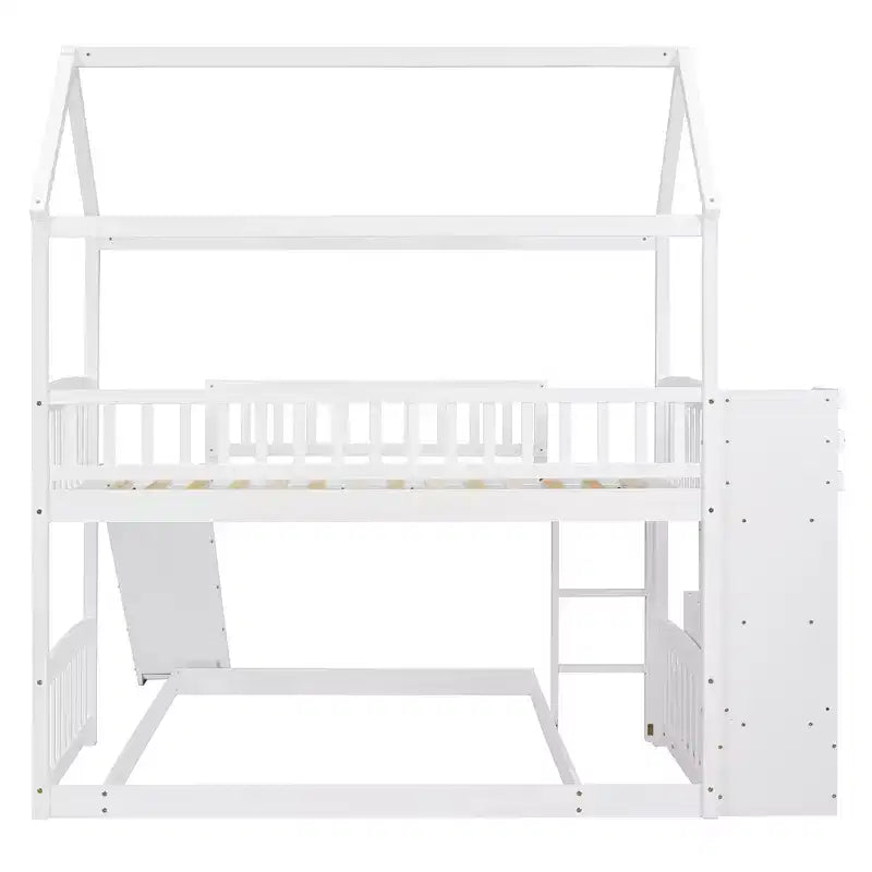 Letto a castello a casetta "Twin over Full" con scivolo e scalini per bambini e ragazzi, struttura in legno con ringhiera di protezione e contenitore