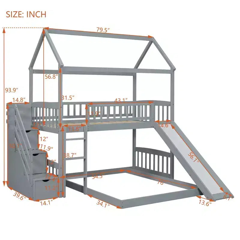 Letto a castello a casetta "Twin over Full" con scivolo e scalini per bambini e ragazzi, struttura in legno con ringhiera di protezione e contenitore