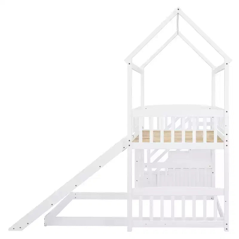 Letto a castello a casetta "Twin over Full" con scivolo e scalini per bambini e ragazzi, struttura in legno con ringhiera di protezione e contenitore