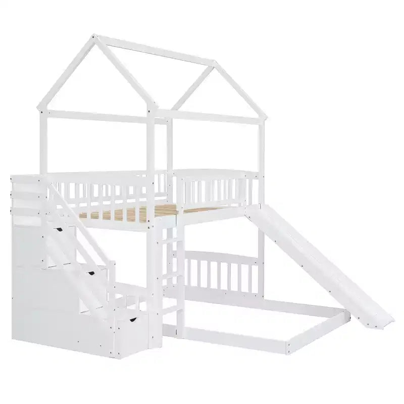 Letto a castello a casetta "Twin over Full" con scivolo e scalini per bambini e ragazzi, struttura in legno con ringhiera di protezione e contenitore