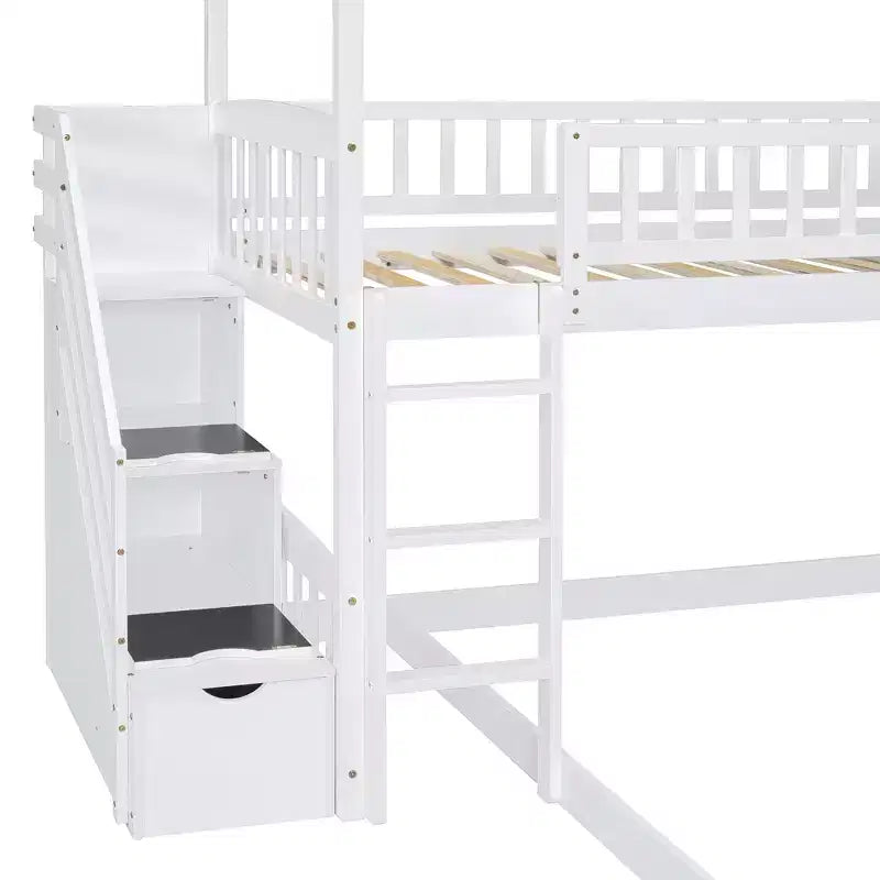 Letto a castello a casetta "Twin over Full" con scivolo e scalini per bambini e ragazzi, struttura in legno con ringhiera di protezione e contenitore