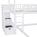 Letto a castello a casetta "Twin over Full" con scivolo e scalini per bambini e ragazzi, struttura in legno con ringhiera di protezione e contenitore