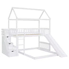 Letto a castello a casetta "Twin over Full" con scivolo e scalini per bambini e ragazzi, struttura in legno con ringhiera di protezione e contenitore